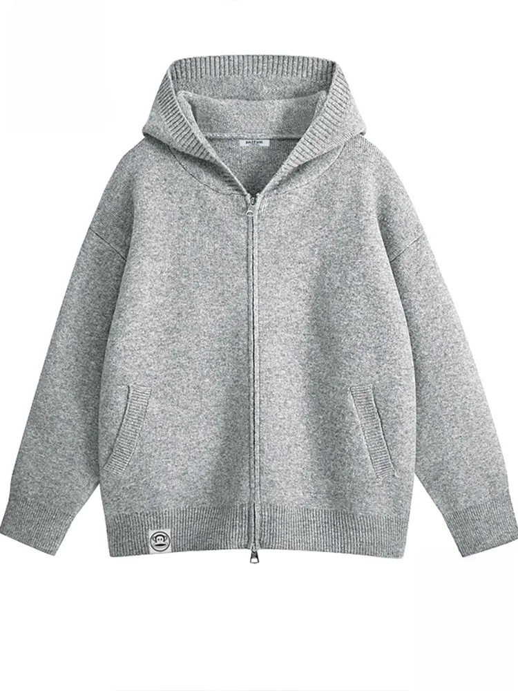 

Мужская свободная вязаная шерстяная толстовка Paul Frank с капюшоном, повседневная, однотонная, теплая, из полиэфирного волокна, с длинными рукавами, на молнии