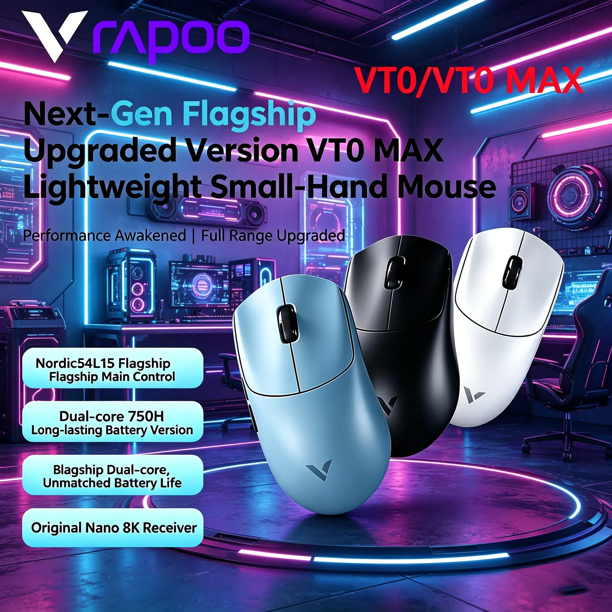 45000DPI Ergonomic FPS Gaming Mouse Rapoo VT0 MAX, Dual 8KHz Wireless Mice with PAW3950 PAW3398 Nordic54L15 Chip