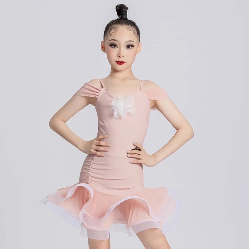 ملابس الرقص اللاتينية للأطفال والبنات والأطفال بحزام سباغيتي وردي وتنانير على شكل هيكل السمكة قابلة للطي ملابس الرقص المنافسة