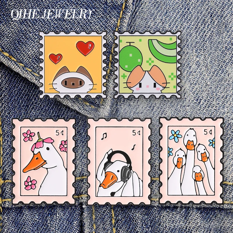 Retro Stamp Cat Silly Goose Badge Enamel Pins Fun Cute Flower Crown Music Duck Fruit Cat Brooch Bag Lapel Accessories Decor Gift