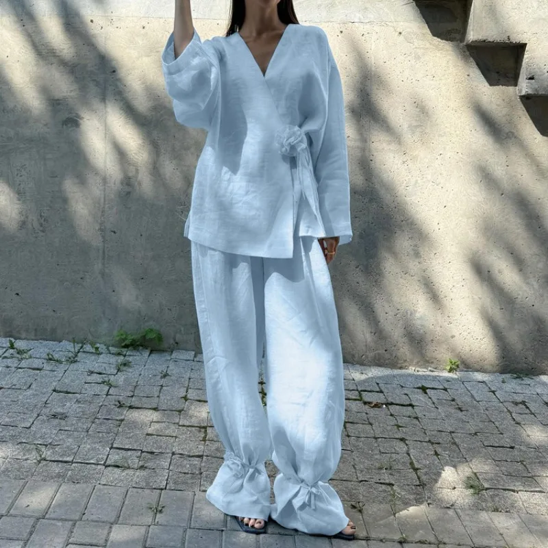 Women 2 Piece Pajama set Casual Outfit Elegant Floral Splicing V Neck Long Sleeve Cardigan Pants Set Loose Matching Suit L Size