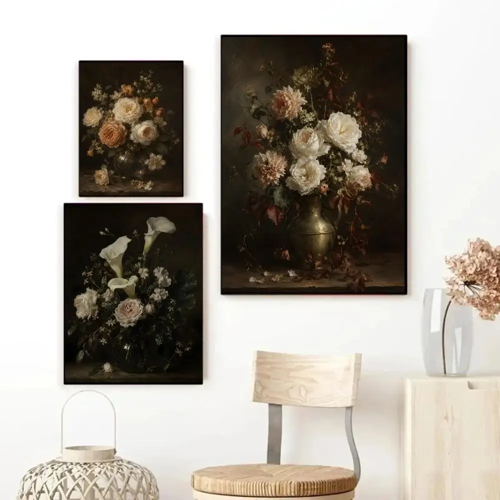 Dark Tone Classical Floral Still Life Poster Art HD Advanced Aesthetic Printing Paper Wall Art for Living Room Home Decor