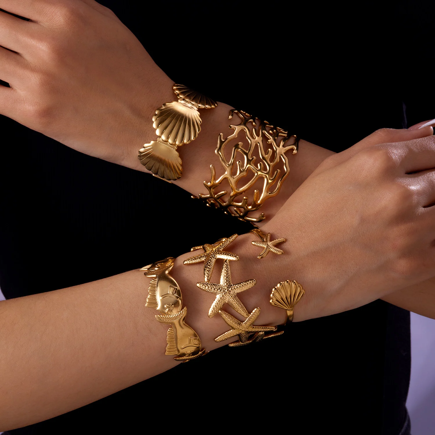Punk Metall Edelstahl Armbänder Set Für Frauen Böhmen Herz Aushöhlen Offene Einstellbare Manschette Armreif Gold Farbe Schmuck Geschenke – Detail 14