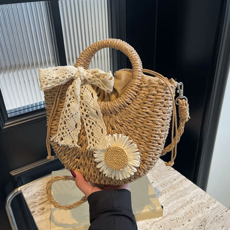 Straw Bags for Women Moon shaped Handbags Summer Rattan Shoulder Bags Handmade Knitted Storge Small Totes Bag 2024 New