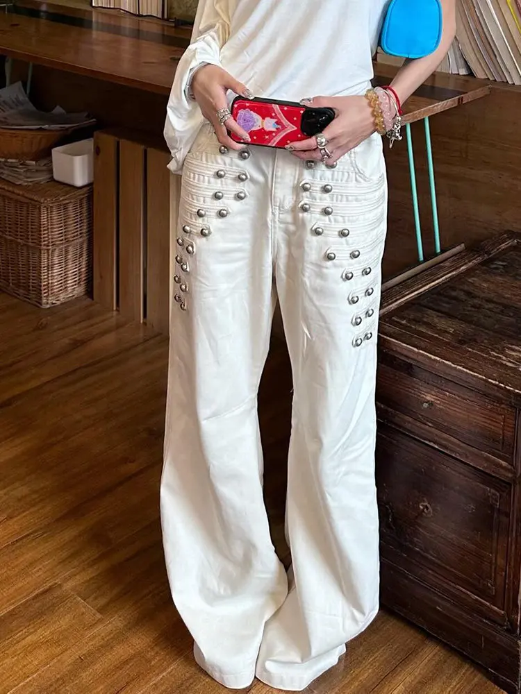 American High Street Court Style Metal Buckle Design Jeans Men Women Autumn Wide Leg Personality Loose Floor-Length Pants
