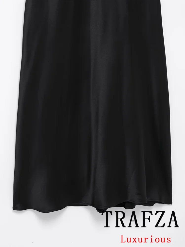 TRAFZA Vintage Chic eleganckie damskie satynowe sukienki solidny dekolt w serek plisowany z krótkim rękawem proste długie Vestidos moda 2025 letnia sukienka
