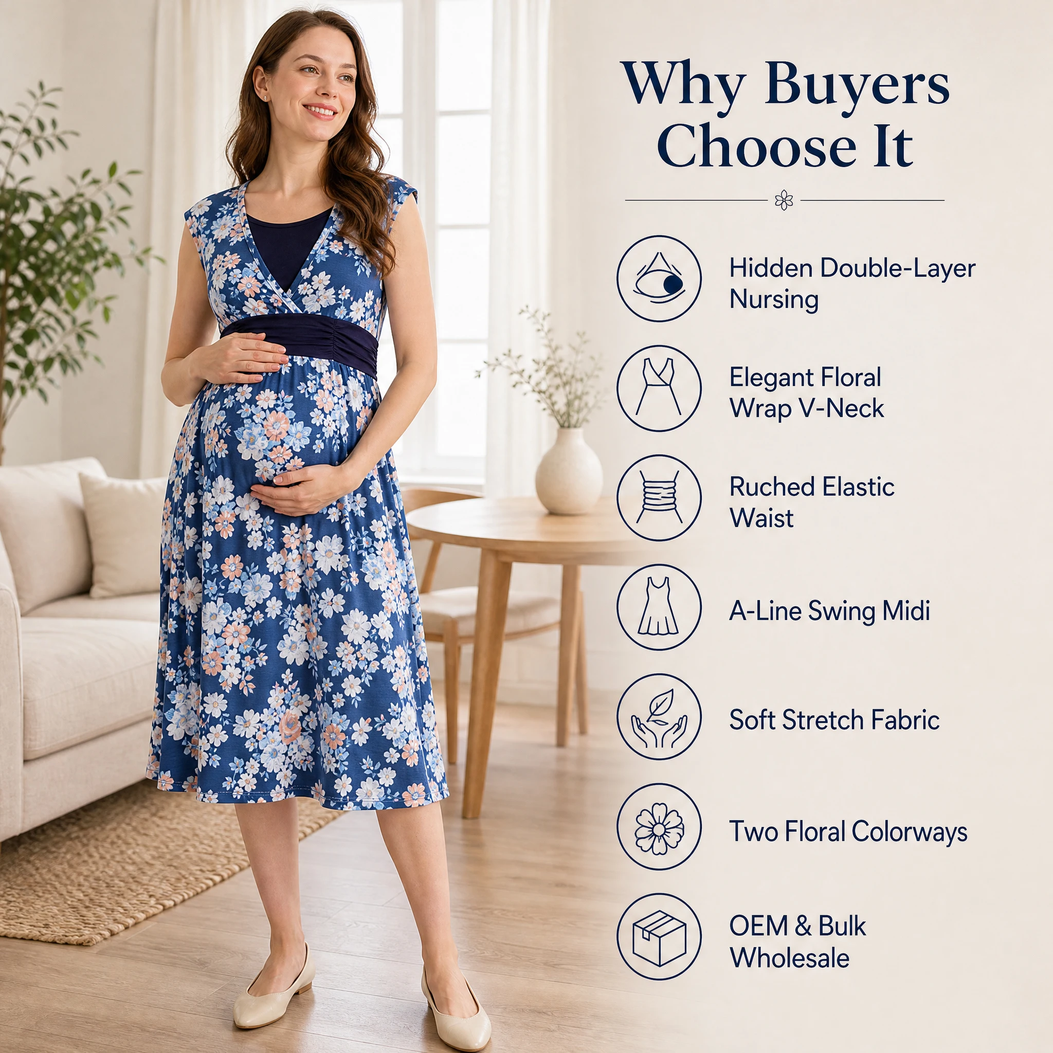 Maternity Nursing Mid Dress Sleeveless Floral Print Wrap V Neck Hidden Double Layer Breastfeeding Opening A-Line Pregnancy Dress
