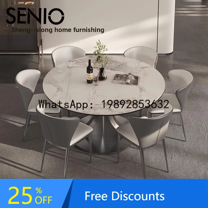CZ Rock Slab Round Dining Table Foldable Extendable High-End Dining Table and Chair Set for Home Small Apartment