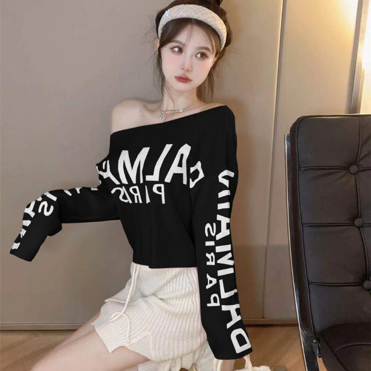 Sweet Lazy Letter Print Sweaters Mujer Autumn Slash Neck Knitted Tops Women Y2k E-Girl Long Sleeve Bottoming Pullovers