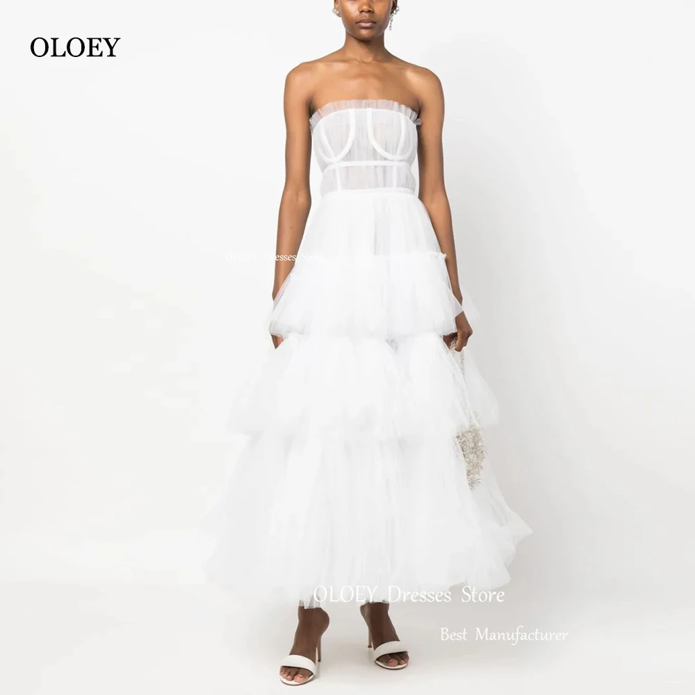 OLOEY Elegant Ivory Wedding Dress Strapless Corset Photoshoot Tiered Organza A Line Ankle Length Bridal Gown Custom Lace Up