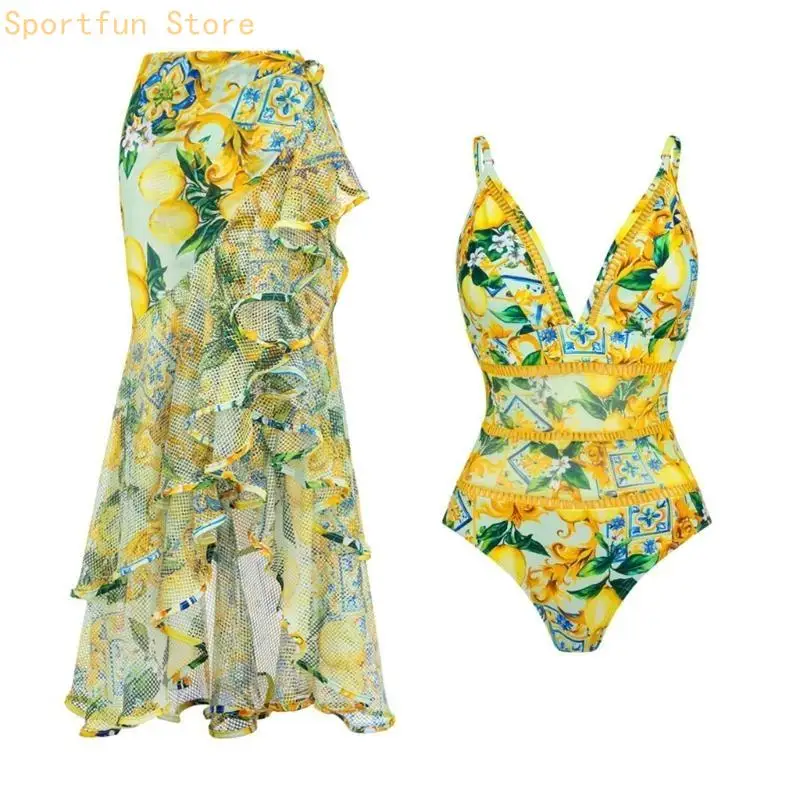 

Women 1 Pieces Swimsuit Ladies Flower Print Swimwear with Cover Up Trend Tummys Control Bathing Suit for Beachwear X7JD