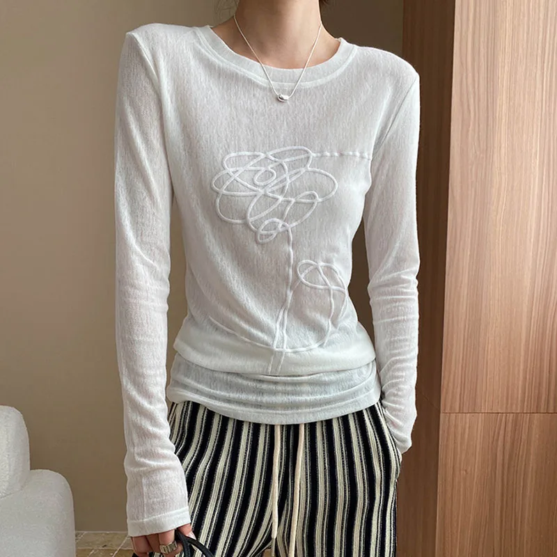Women T-shirt Round Neck Three-dimensional Printed Pattern Slightly Transparent Solid Color Simple Versatile Long Sleeved Top