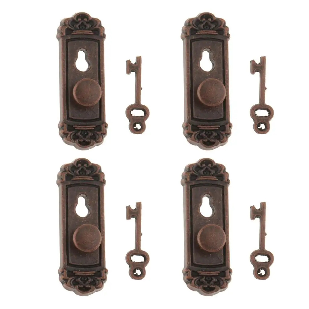 4pcs 1:12 Dollhouse Miniature Door Knob Handle with Key Accs