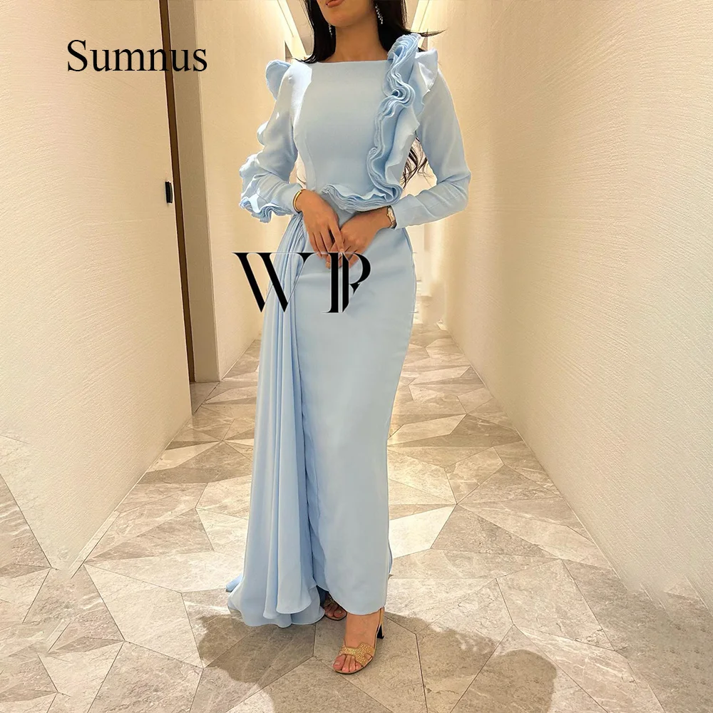 Sumnus Sky Blue Mermaid Evening Dresses Long Sleeve Ruffles Satin Saudi Arabic Prom Party Dress with Skirt Dubai Formal Gowns