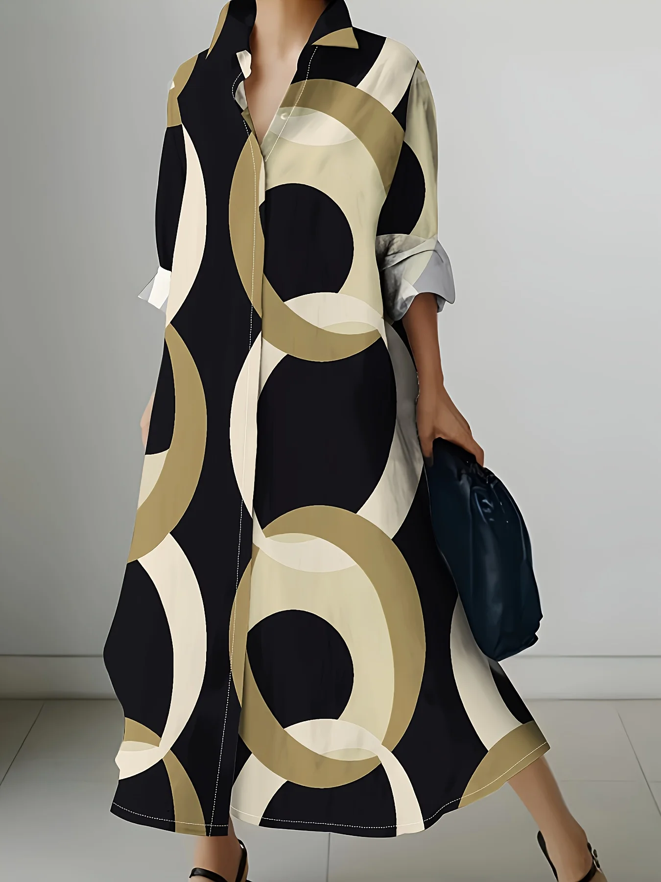Damen Langarm-Midikleid im Urlaubsstil mit Abstraktem Kreisdruck, Fließendes Sommerkleid, Lässiges Elegantes A-Linien-Kleid für Damen