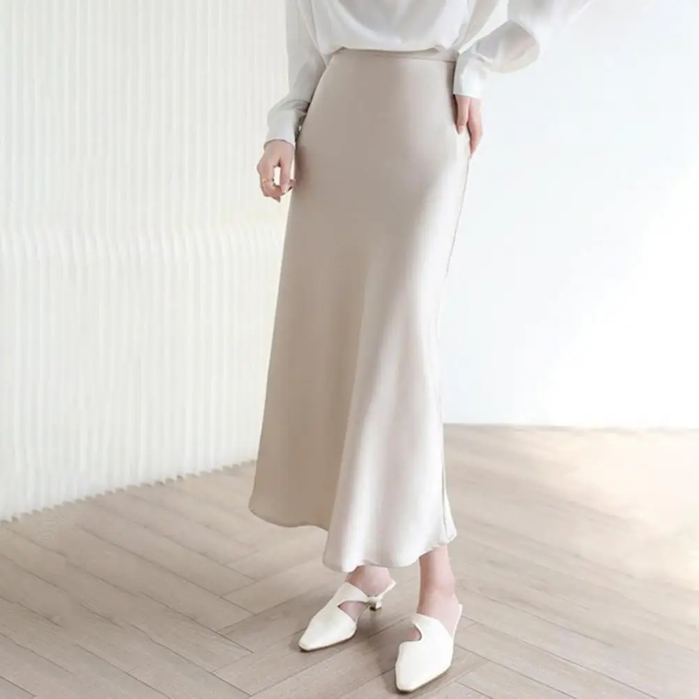 

Solid Color Skirt Elegant High Waist Satin A-line Maxi Skirt for Women Soft Breathable Ankle Length Formal Party Prom Skirt Slim