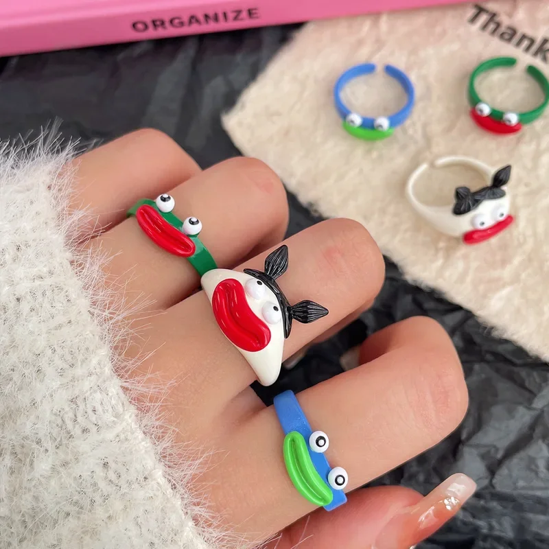 

Trendy Ugly Cute Big Sausage Mouth Frog Eyes Rings for Women Men Child Fashion Funny Cartoon Opening Finger Ring Party Gift