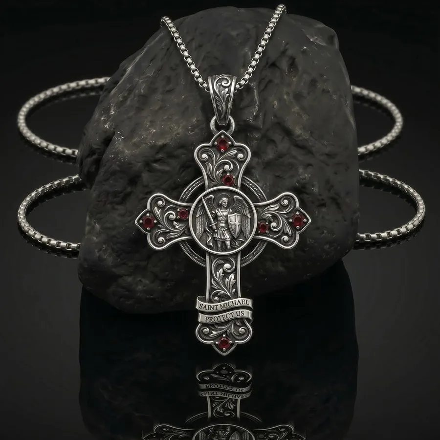 Vintage Punk Saint Michael Angel Cross Pendant Necklace Red Rhinestone Inlaid Gothic Street Trendy Hip Hop Chain Jewelry For Men