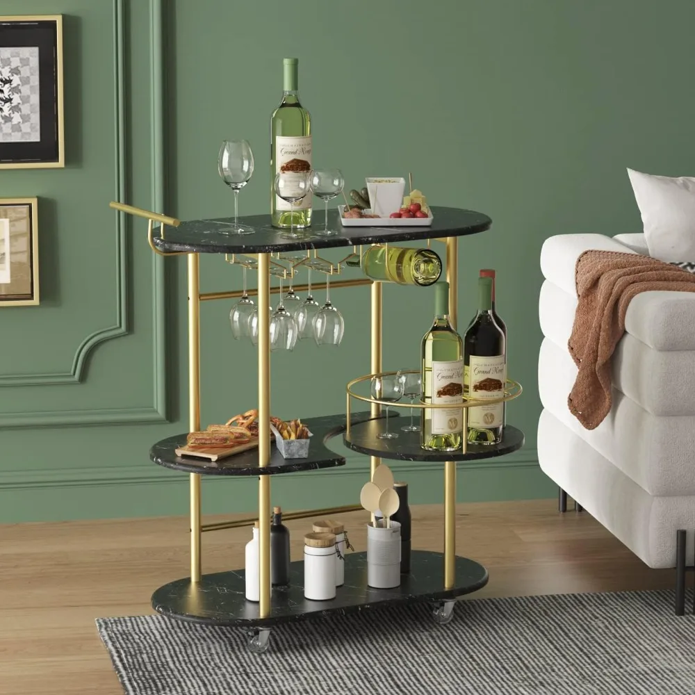 Bar trolley with 4 tiers of storage shelves, mobile bar service trolley with wine rack and glass rack for home, kitchen