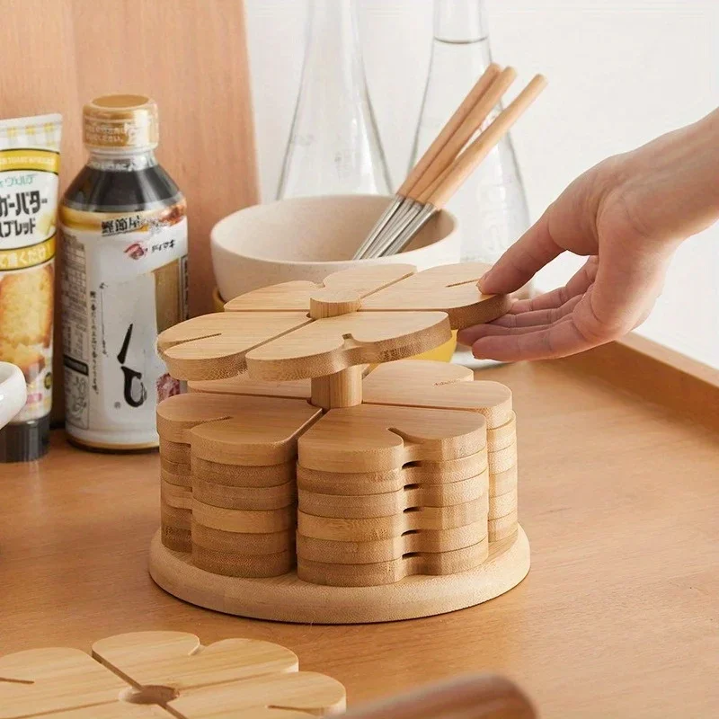Four-Leaf Heat Resistant Trivet with Wooden Base, Anti-Scald Table Protector for Pans, Bowls and Plates