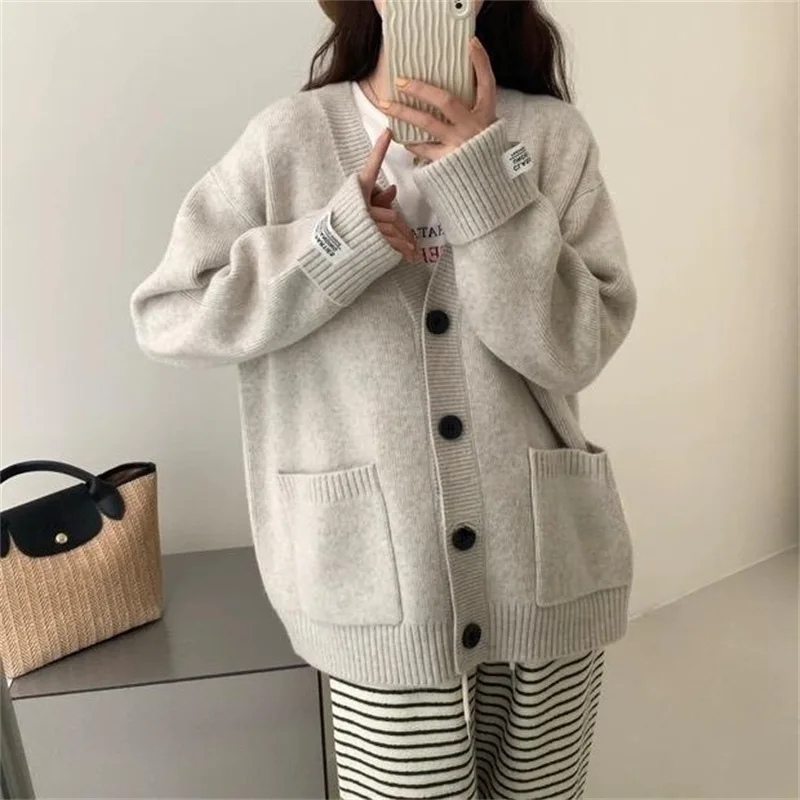 Fashion Solid Casual Grey Tops Sweater Women 2024 Autumn Warm Knitted V-neck Long Sleeve Women\'s Apricot Cardigans Coat