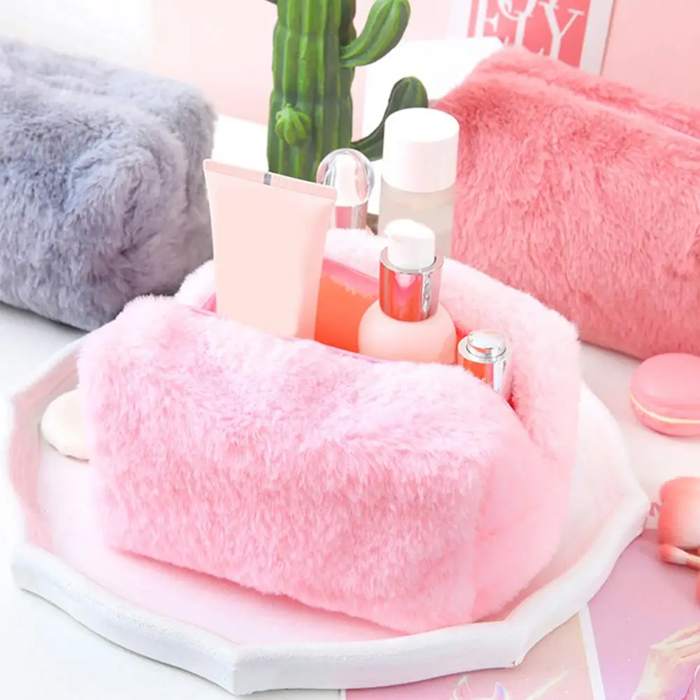 Cute Fur Cosmetic Bag Large Capacity Portable Soft Fuzzy Plush Solid Color Travel Washing Toiletry Makeup Case Plush Pen Pouch