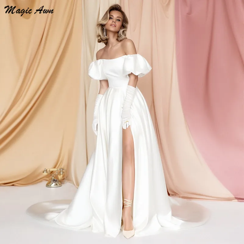 Magic Awn – robe de mariée en Satin style Boho, fendue sur les cuisses, manches longues, Illusion Simple, ligne a, robes de mariée de campagne, 2022