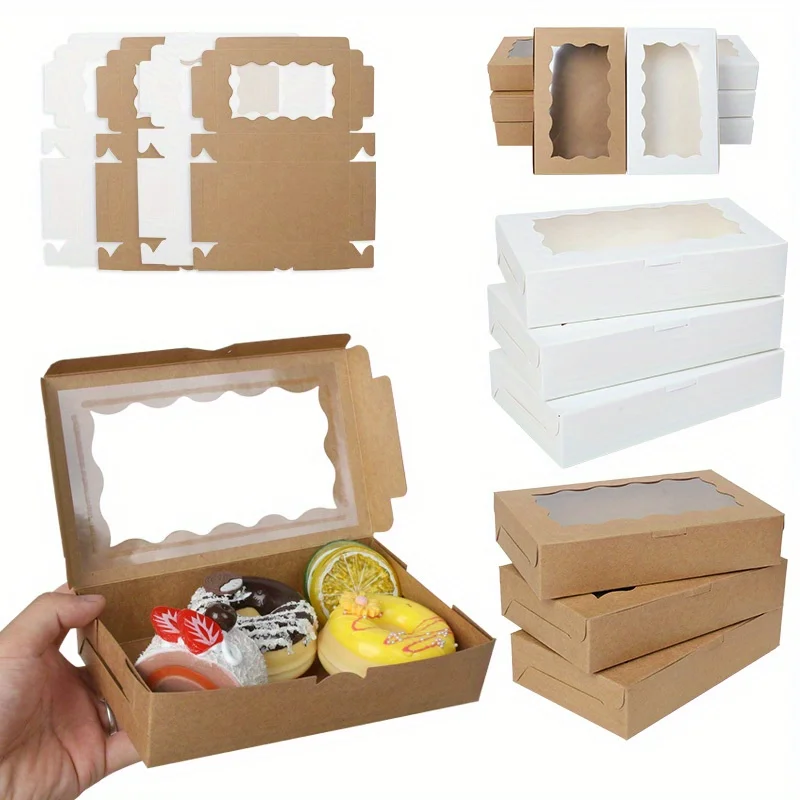 Cajas de regalo onduladas de papel Kraft con ventana, cajas de panadería para donuts y macarrones, decoración para cajas de embalaje de regalo para fiestas de cumpleaños y bodas, 5/10 Uds.