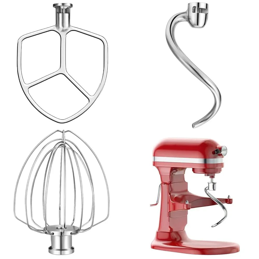 Applicable toStainless Steel 3-Piece Mixer Attachments Set, Dough Hook + 6-Wire Whisk + Flat Beater, Fit Kitchen Aid 5-6QT Bowl-