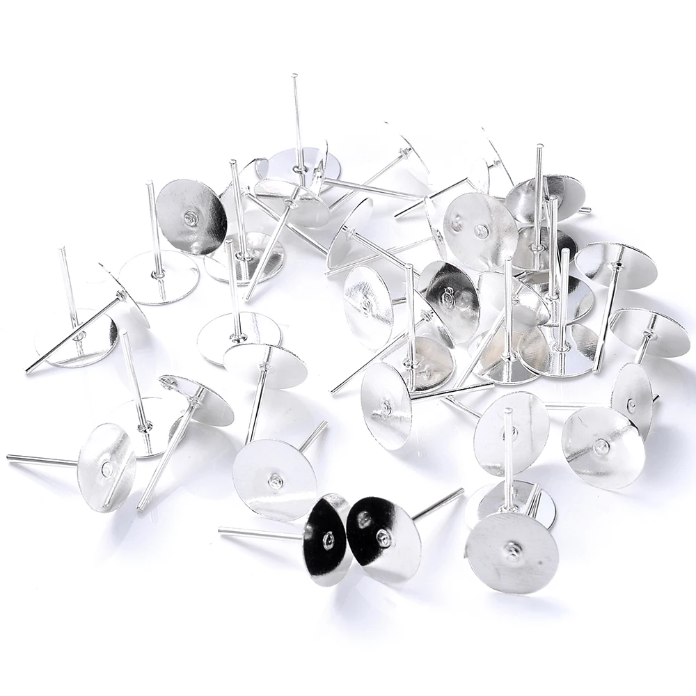 50pcs Metal Blank Earring Stud Base Fit 8 10 mm Silver Plated Earring Post Flat Base Pins Settings DIY Jewelry Making