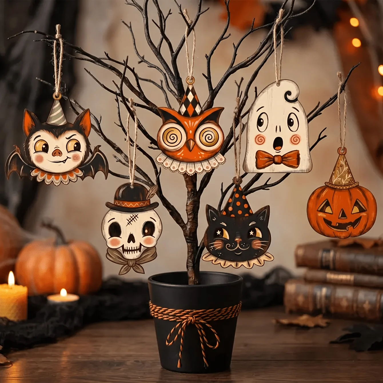 7/5/2Pcs Vintage Wooden Halloween Hanging Ornament Cute Ghost Vampire Pattern Personalized Wall Decor Home Party Decoration