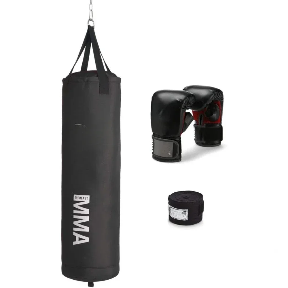 Durable 70 Pound Hangable Heavy Punching Bag with Boxing Gloves, Hand Wraps, Bungee Cord, and Assembly Chain, Black