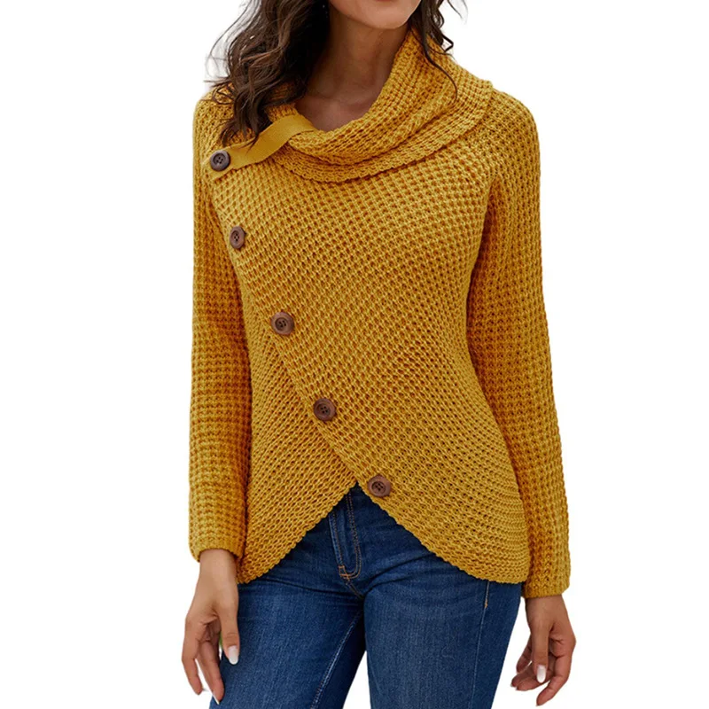 Autumn and Winter Yellow Sweater Pullover Button High Turnover Collar Pullover Solid Color Women\'s Sweater Long Sleeve Knitwear