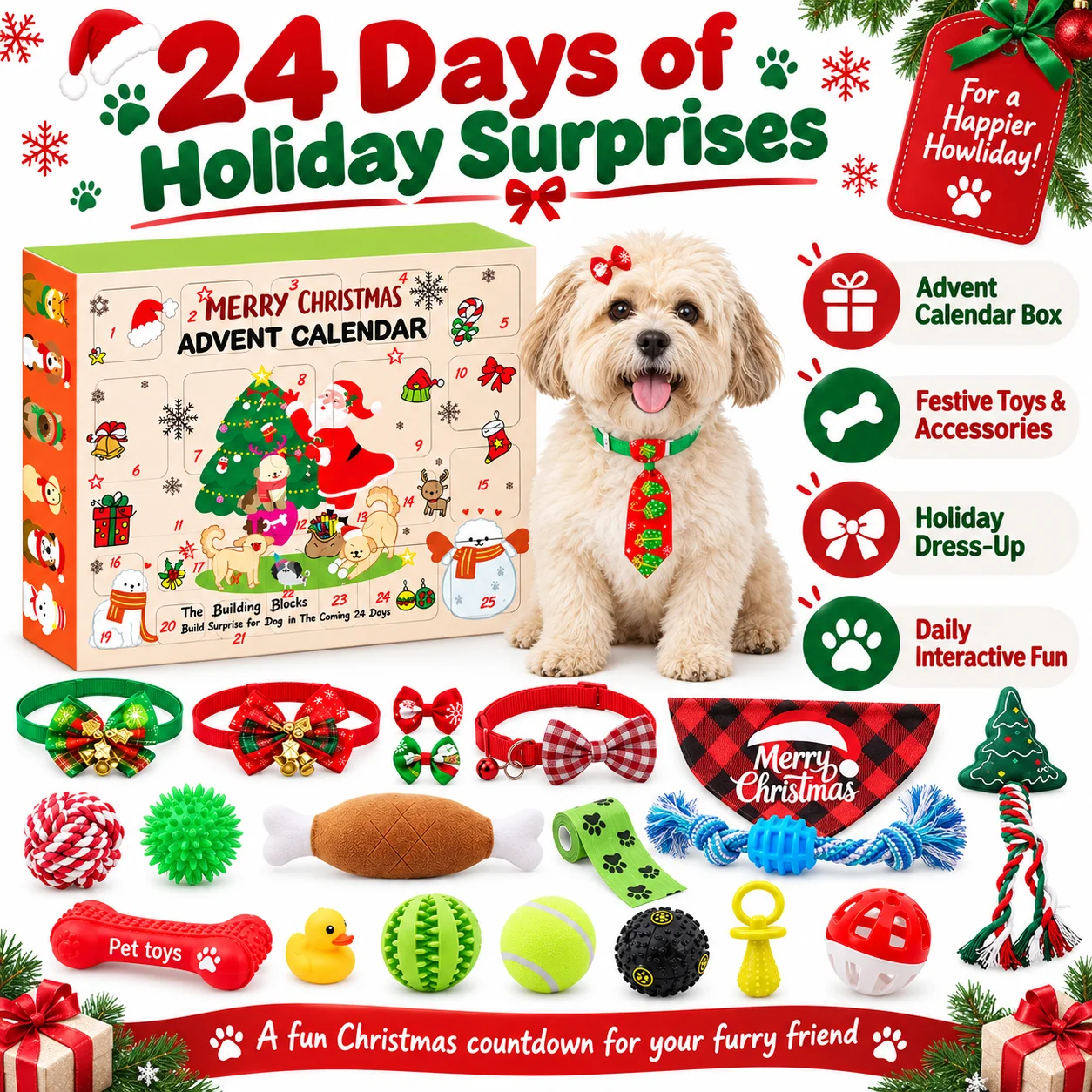 24 Pcs Dog Toy Gift Set. Christmas snowflake & snowman themed puppy hair bows with rubber bands, cute pet grooming bow accessori