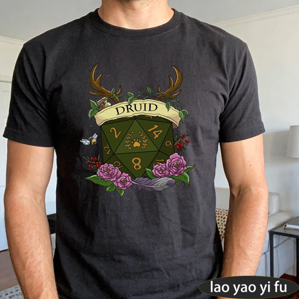Druid D20 Dice with Antlers, Bees & Roses Art Print T-Shirt Men's Nature Fantasy Gaming Short Sleeve summer cotton tee Tops