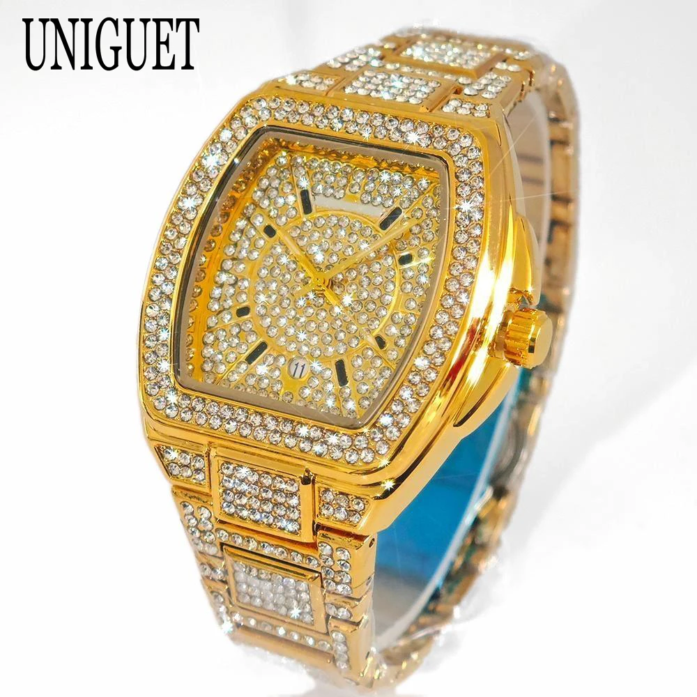 Orologi d'oro di lusso da uomo marca UNIGUET Hip Hop orologio al quarzo ghiacciato moda maschile Tonneau orologio da polso uomo Dropshipping