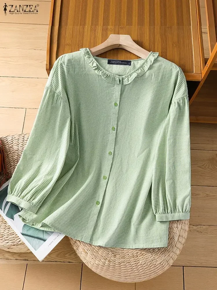 ZAZNEA женские клетчатые рубашки, женская одежда, мода 2025, повседневная блузка с рукавами 3/4, круглым вырезом, блузки в клетку с рюшами, женские топы