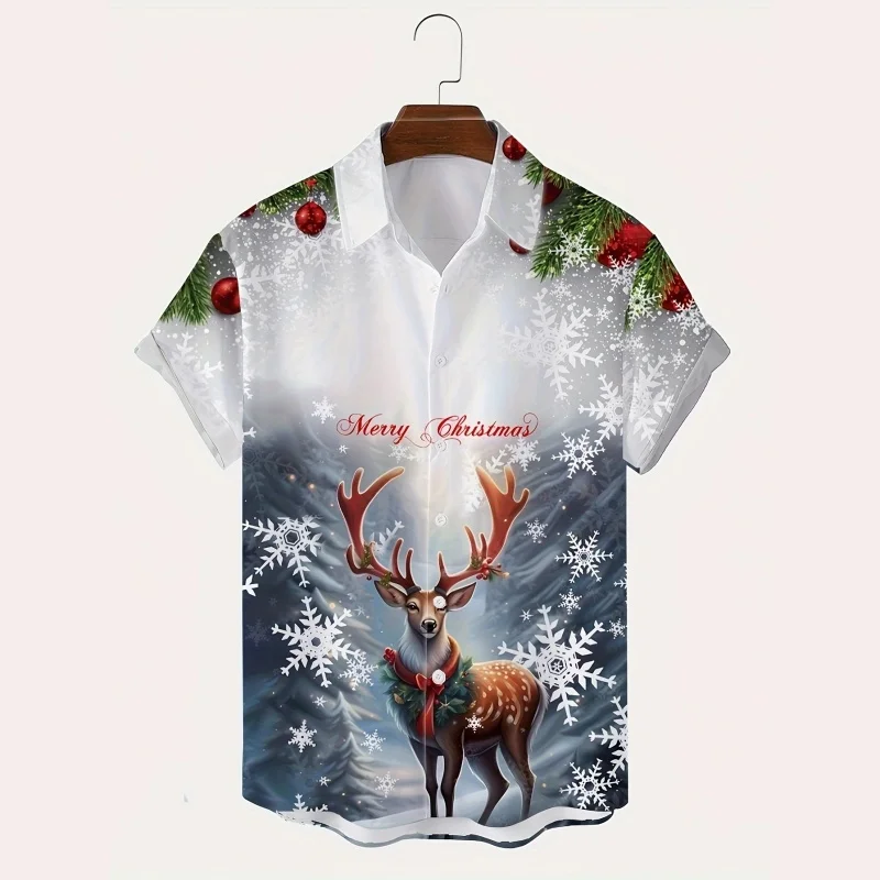 Camisa de manga curta masculina com estampa gráfica Floco de neve e alce, tops largos, camisas de botão lapela, roupas de Natal