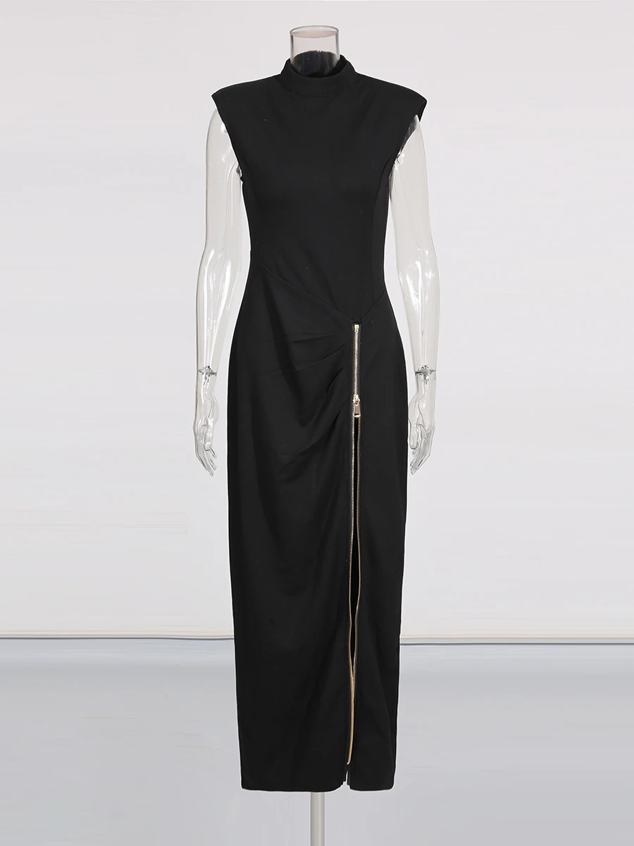 VGH Solid Spliced Zipper Slimming Dinner Dresses For Women Stand Collar Sleeveless High Waist Designer Dress Female Fashion New