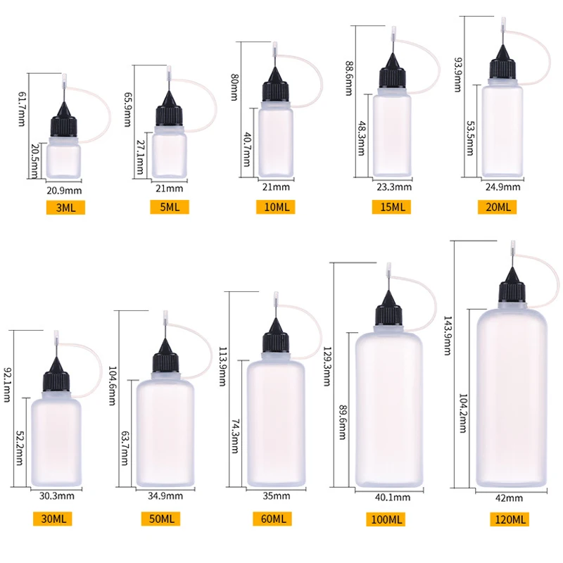 5PCS 3ml-120ml Plastic Squeezable Needle Bottles Eye Liquid Dropper Sample Drop Can Be Glue Ink Applicator Refillable Containers