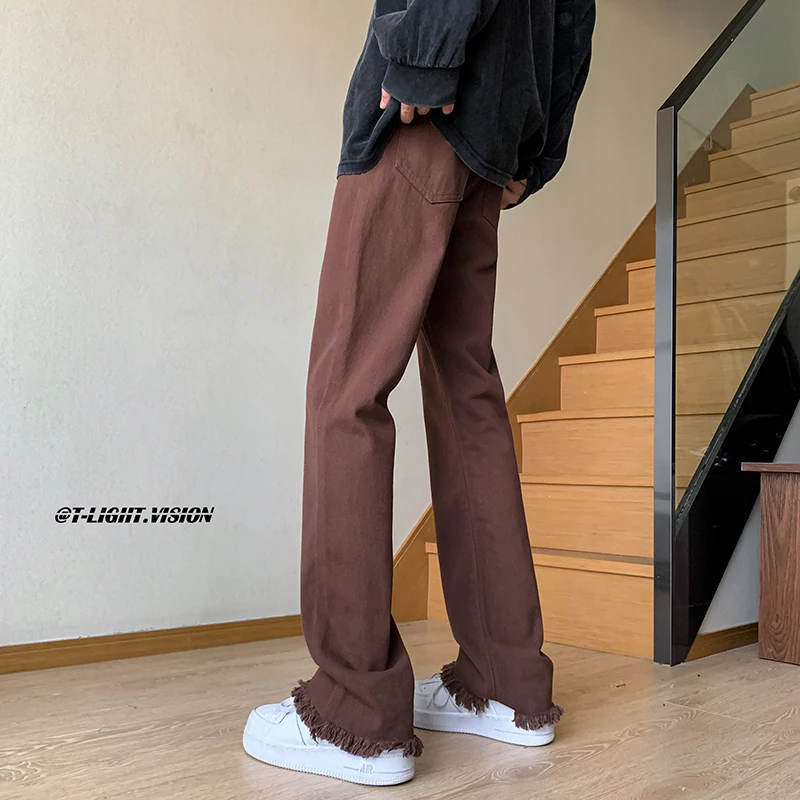 Spring New Men's Denim Bell-bottoms Pants Streetwear High Street Fashion Raw Hem Casual Jeans Male Brand Clothes Black Coffee