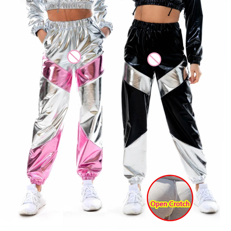 

Woman Sexy Multi Laser Color Patchwork Open Crotch Casual Pants with Pockets Colorful Exotic Crotchless Clubwear Plus Cloth