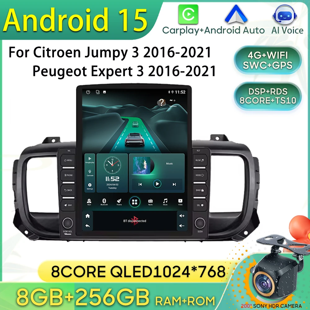 Rádio do carro de android 15 para citroen jumpy 3 2016-2021 peugeot expert 3 2016-2021 navegação gps android auto carplay wifi não 2din