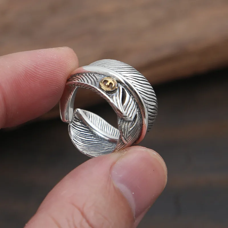 

Japanese S925 sterling silver jewelry personality star men and women retro Thai silver feather index finger ring