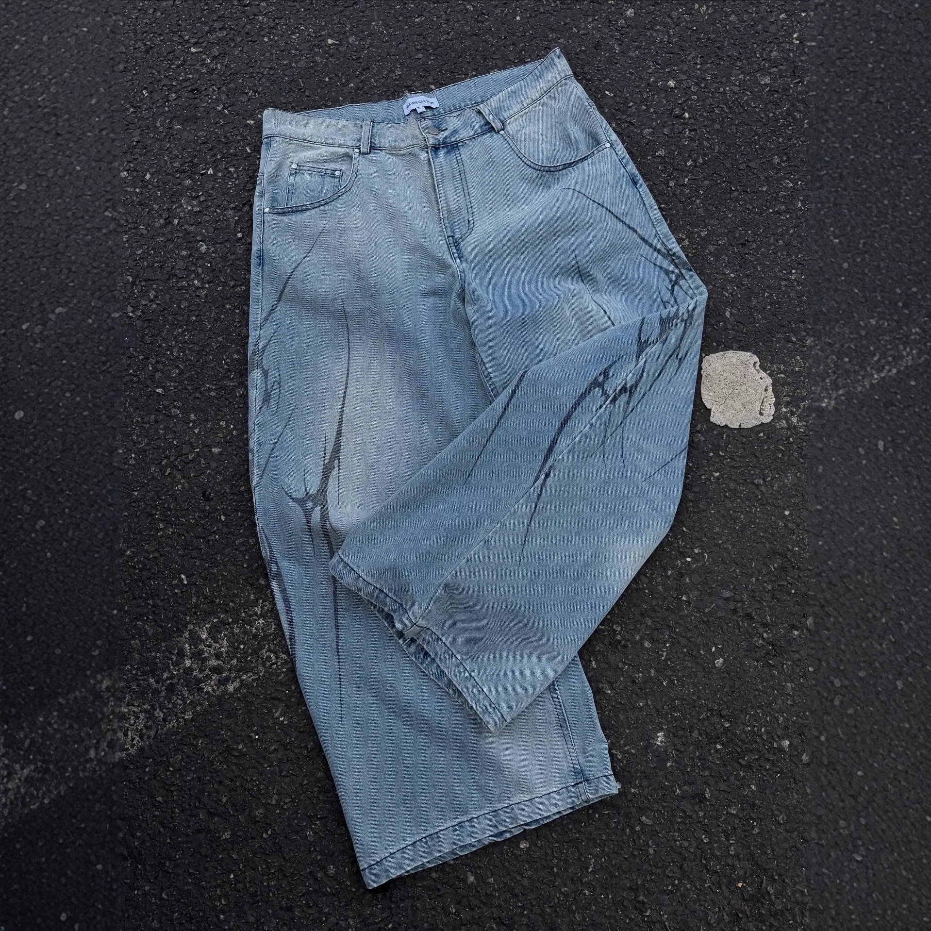 

New European and American-style custom-printed men's casual trousers Streetwear stonewashed relaxed-fit wide-leg jeans
