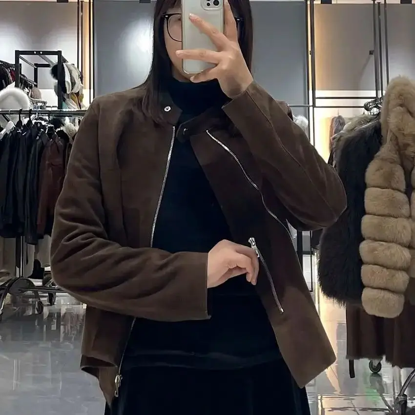 JANEFUR Women's Spring Chic Brown Short Genuine Leather Jacket Autumn Real Leather Sheepskin Overcoat JFB6-25003