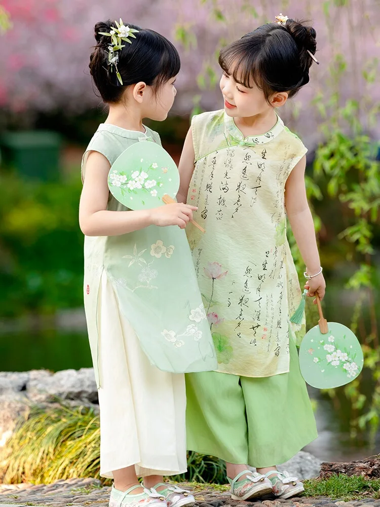 Hanfu女の子のチャイナドレススーツ、新しい古代の衣装、緑のタンスーツ、中国風、子供の古代の衣装、夏、2024