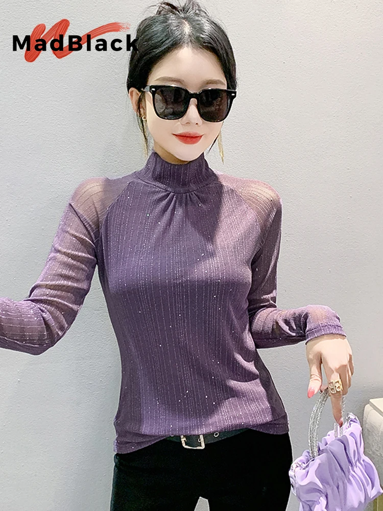 MadBlack, European Clothes T-Shirt, Sexy Women Mock Neck Top, Streetwear Long Sleeve Slim Mesh Tee, 2024 Autumn Winter T40405CC