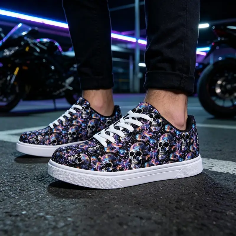 Ladies Men's casual low-top white sneakers，Cosmic Skull Art Design，Stylish and Comfortable，Suitable for Everyday Wear，Trendy fas view 6