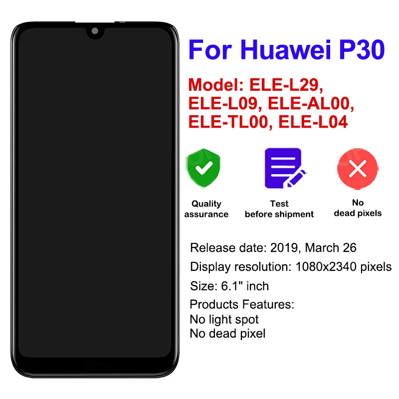 6.1'' For Huawei P30 LCD Display Touch Screen ELE-L04 ELE-L29 ELE-L09 Digitizer Assembly Replacement With Frame Phone Repair